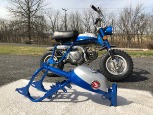 Matching Honda Candy Sapphire Blue Motorcycle Paint next to a 1969 Honda Z50